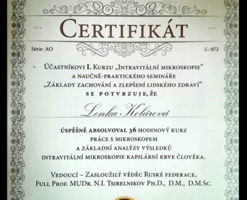 Lenka Kolárová Intravitální Mikroskopie certifikát