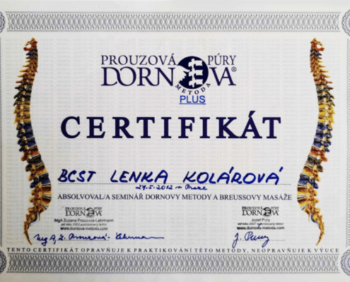 Lenka Kolárová Seminář Dornovy metody a Breussovy masáže certifikát
