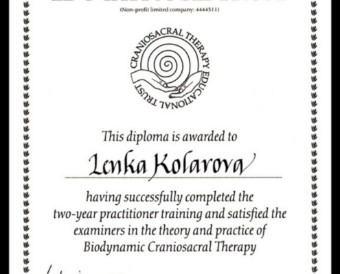 Lenka Kolárová Biodynamic Craniosacral Therapy certifikát