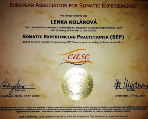 Lenka Kolárová Somatic Experiencing Practitioner certifikát