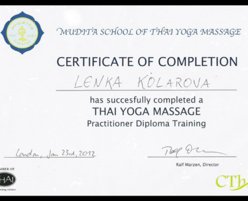 Lenka Kolárová Thai Yoga Massage certifikát