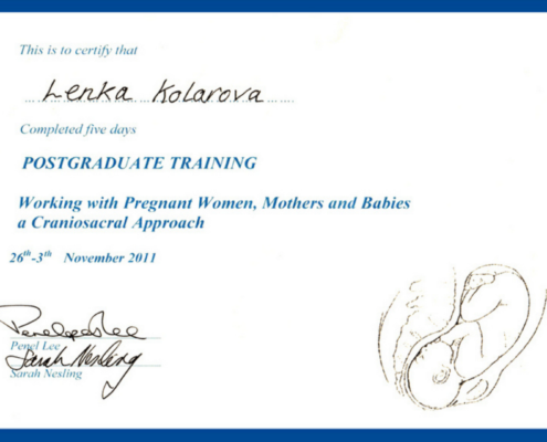 Lenka Kolárová Working with Pregnant Women, Mothers and Babies a Craniosacral Approach certifikát