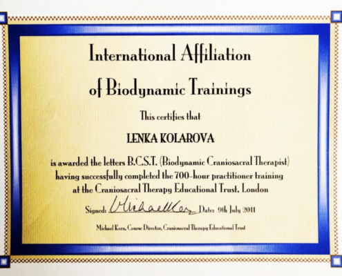 Lenka Kolárová Biodynamic Craniosacral Therapist certifikát