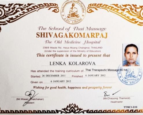 Lenka Kolárová Thai Therapeutic Massage certifikát