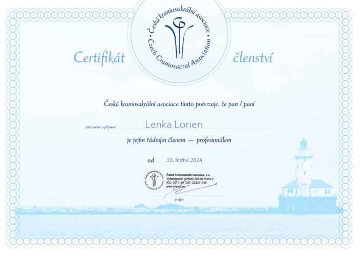 Certifikát členství pro Lenka Lorien - Česká kraniosakrální asociace